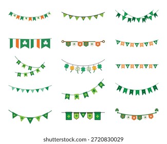 Conjunto de banderas de empaquetado del día de San Patricio. Ilustración vectorial de guirnaldas de fiesta colgantes con tréboles verdes y colores irlandeses para la decoración navideña aislados en blanco