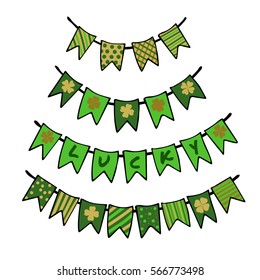 St. Patricks day bunting with patterned clover leaves and garland flags. Design elements for festive backgrounds, cards, posters, banners. Vector illustration