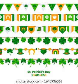 St. Patrick's Day bunting set isolated on white background. Pub party decorations, seamless borders.