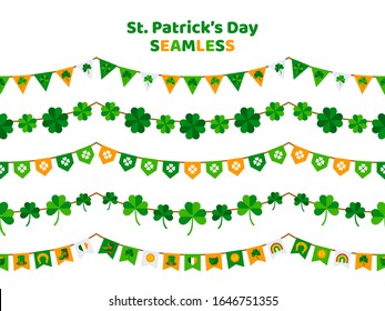 St. Patrick's Day bunting set isolated on white background. Pub party decorations, seamless borders. Eat, Drink and Be Irish