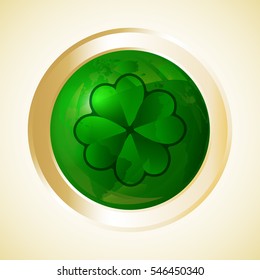 St Patrick's Day button, four leaf clover or shamrock. Vector illustration.