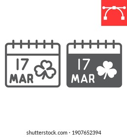 St. Patricks day calendar line and glyph icon, St. Patricks day date and holiday, calendar with clover vector icon, vector graphics, editable stroke outline sign, eps 10