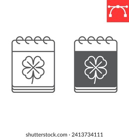 St. Patrick's day calendar line and glyph icon, holidays and reminder, calendar with clover vector icon, vector graphics, editable stroke outline sign, eps 10.