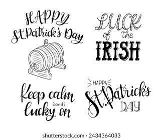 St Patricks day calligraphic cards collection. Black outline hand drawn slogans isolated on white background. Irish culture concept. Vector typography design for banner, poster, card