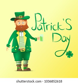 St. Patrick's day. Calligraphic inscription. Fat cartoon character with a red beard