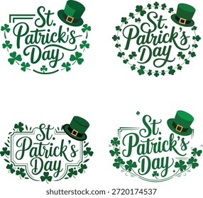 St. Patrick's Day Kalligrafietiketten mit Kobold-Hut und Shamrock-Kränzen
