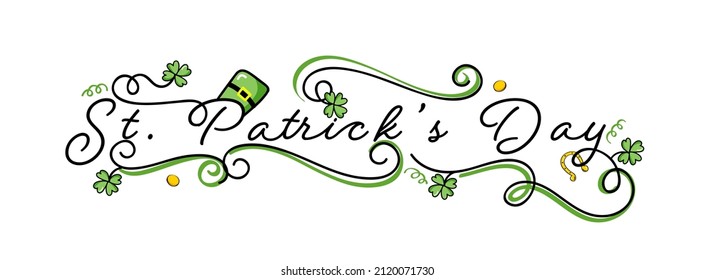 St. Patrick's Day-Kalligraphie mit Koboldhut, Kleeblatten, Münzen und goldenem Hufeisen auf weißem Hintergrund.