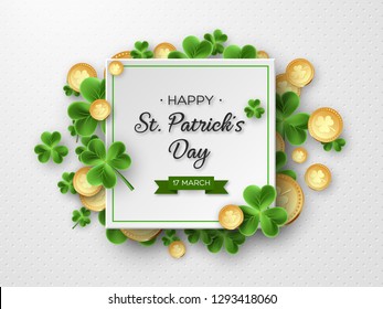 St. Patricks Day card. 3d clover leaves and metallic coins on white background for greeting holiday design. Vector illustration.