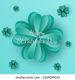 St. Patricks Day card. 3d clover leaves, on turquoise background for greeting holiday design with Paper cut shamrocks. Lucky Vector illustration. Trefoil confetti. Irish symbols of the holiday. 