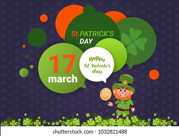 St. Patricks Day Card Background With Leprechaun Man Holding Golden Coin Flat Vector Illustration