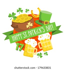 St. Patrick's Day card background in flat design, holiday symbols isolated on white