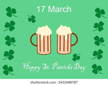 St. Patrick's Day card with beer and clover leaves in cartoon style.