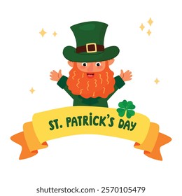 St. Patrick's Day card with cartoon leprechaun. Funny character with a red beard,  green hat and waistcoat. Colorful banner with hand written, four leaf clover, magic gnome. Vector flat color designs 