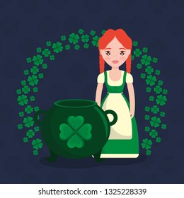 st patricks day card with cauldron with irish woman