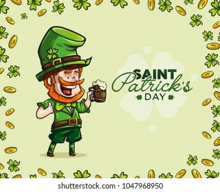 St. Patrick's Day card with cheerful and funny character holding a small barrel of beer, with shafts and coins around him.