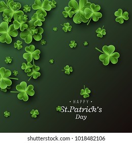 St. Patrick's Day card. Clover leaves on dark green background for greeting holiday design. Vector illustration.