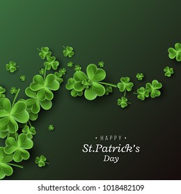 St. Patrick's Day card. Clover leaves on dark green background for greeting holiday design. Vector illustration.