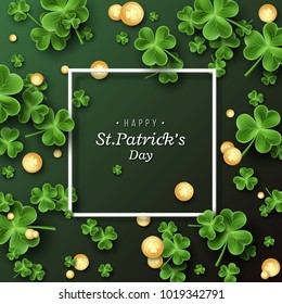 St. Patrick's Day card. Clover leaves with coins on dark green background for greeting holiday design. Vector illustration.