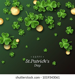 St. Patrick's Day card. Clover leaves with coins on dark green background for greeting holiday design. Vector illustration.