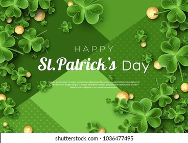 St. Patrick's Day card. Clover leaves with coins on green background for greeting holiday design. Vector illustration.