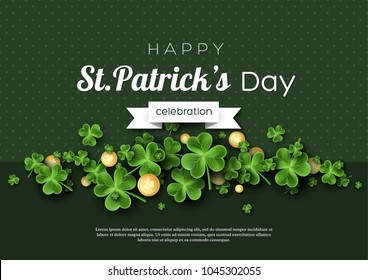 St. Patrick's Day card. Clover leaves with coins on green background for greeting holiday design. Vector illustration.