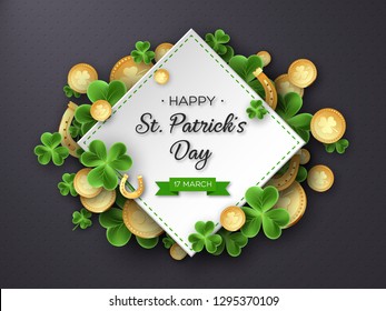 St. Patricks Day card. Clover leaves, golden horseshoes and coins on dark background for greeting holiday design. Vector illustration.