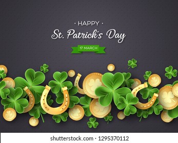 St. Patricks Day card. Clover leaves, golden horseshoes and coins on dark background for greeting holiday design. Vector illustration.