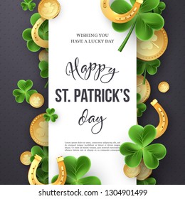 St. Patricks Day card. Clover leaves, golden horseshoes and coins on dark background for greeting holiday design. Vector illustration.