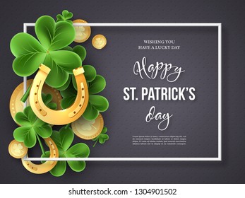 St. Patricks Day card. Clover leaves, golden horseshoes and coins on dark background for greeting holiday design. Vector illustration.