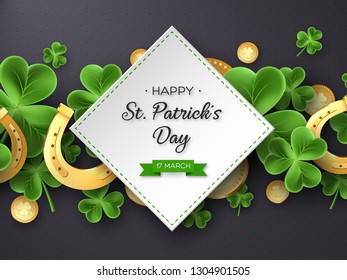 St. Patricks Day card. Clover leaves, golden horseshoes and coins on dark background for greeting holiday design. Vector illustration.