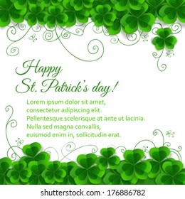 St. Patrick's day card, clover borders with hand - drawn floral ornaments and stylized butterflies on white background