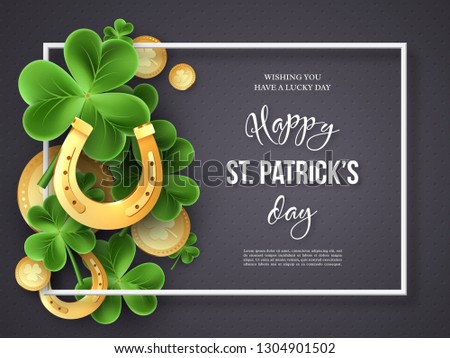 St. Patricks Day card. Clover leaves, golden horseshoes and coins on dark background for greeting holiday design. Vector illustration.