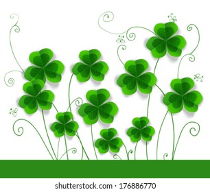 St. Patrick's day card,  clovers on white background with hand - drawn floral ornaments and stylized butterflies