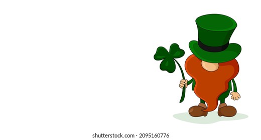 St. Patrick's Day card with copy space. Leprechaun hold shamrock. Vector illustration. 