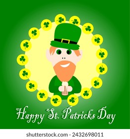 St. Patrick's Day card with cute cheerful leprechaun in cartoon style.