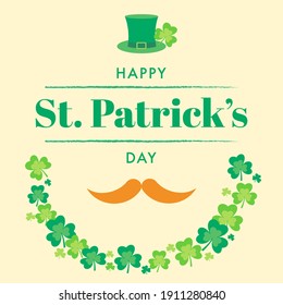 St. Patrick's Day card design with a traditional Irish hat, mustache and clover leaves beard.