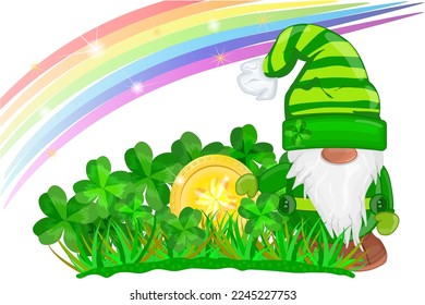 Diseño de tarjetas del Día de San Patricio. gnomo de caricatura, moneda de oro, arco iris y trébol. Gnome con dinero de la suerte en hierba de shamrock aislado de fondo blanco. El tesoro mágico de Leprechaun. Ilustración del vector