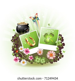 St. Patrick's Day card design. with flowers, butterflies and photos