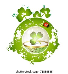 St. Patrick's Day card design with flowers and clover in glass globe and ladybug