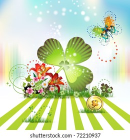 St. Patrick's Day card design with flowers, butterflies and clover