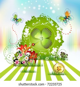 St. Patrick's Day card design with flowers, butterflies and clover