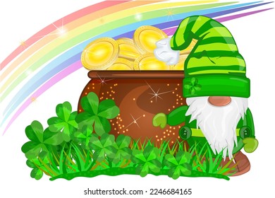 St. Patricks Day card design.Cartoon gnome, pot of golden coin, rainbow and clover.Gnome cauldron with lucky money in shamrock grass on white background.Leprechaun magical treasure.Vector illustration