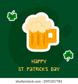 St. Patrick's Day card featuring a frothy beer mug with shamrocks on a dark green background. Perfect for celebrating Irish culture and festive gatherings.