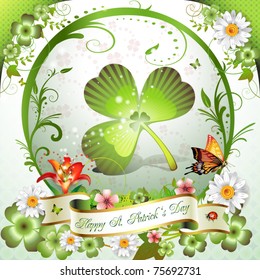 St. Patrick's Day card. Frame with clover, flowers and butterflies
