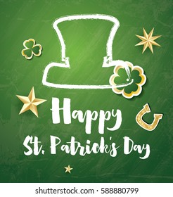 St. Patricks Day Card with Golden Stars and Clover Leaves. Vector Illustration.