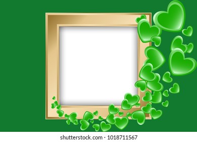 St Patrick's day card. Green hearts and golden frame with space for text. Vector illustration EPS10 for Saint Patrick Day Greeting Card