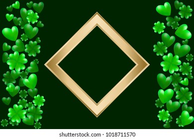 St Patrick's day card. Green hearts, clovers and golden frame with space for text. Vector illustration EPS10 for Saint Patrick Day Greeting Card