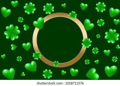 St Patrick's day card. Green hearts, clovers and golden frame with space for text. Vector illustration EPS10 for Saint Patrick Day Greeting Card