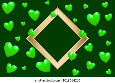 St Patrick's day card. Green hearts and golden frame with space for text. Vector illustration EPS10 for Saint Patrick Day Greeting Card