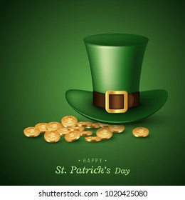 St. Patrick's Day card. Green leprechaun hat with coins. Greeting holiday design. Vector illustration.
